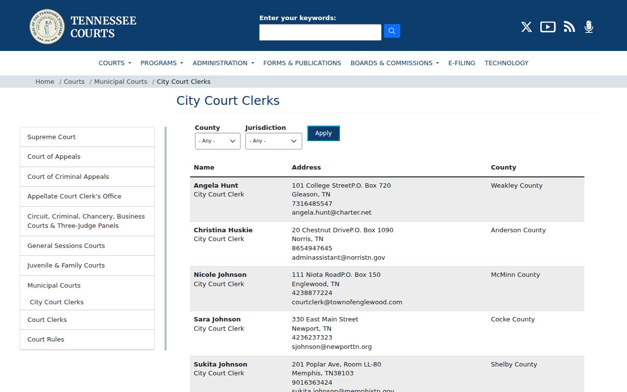 McMinn County municipal court warrant records and Tennessee municipal clerk listing